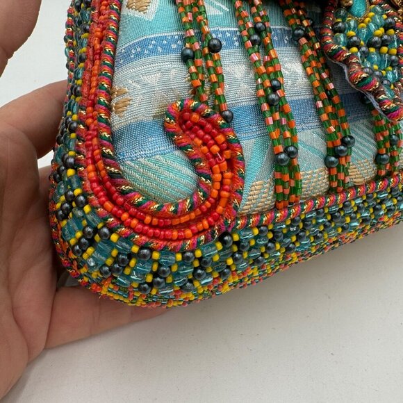 Mary Frances floral motif beaded bag teal orange green *read* - Picture 4 of 16